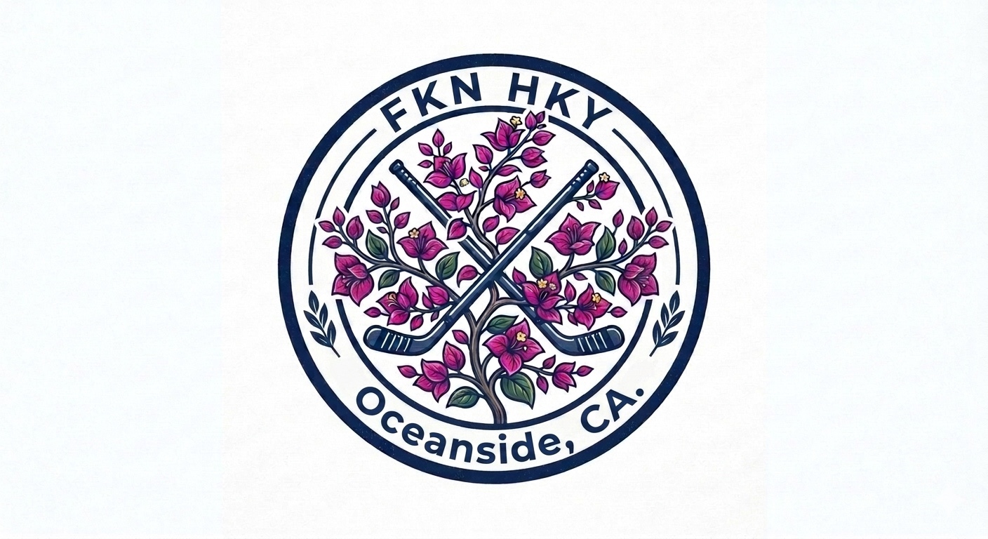 FKN HKY heritage badge with crossed hockey sticks and bougainvillea, Oceanside, CA